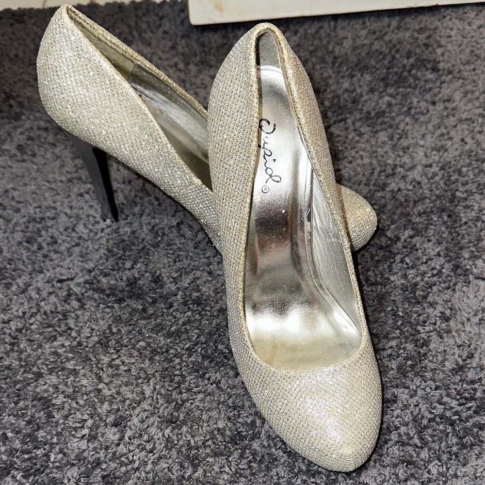 Qupid Shimmering Silver Heels